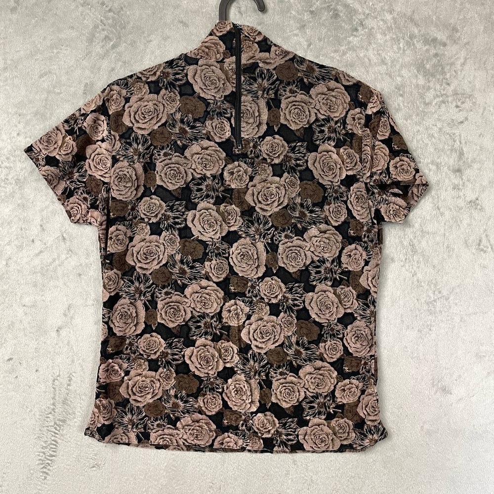 Vintage Black Brown Floral Rose Mock Neck Top Short Sleeve Y2K Grunge Large - Picture 2 of 7
